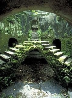 a tunnel in the ground with moss growing on it's sides and steps leading up to an entrance