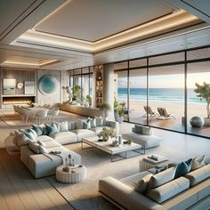 a living room filled with lots of furniture next to an ocean front view kitchen and dining area