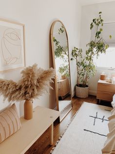 a living room with a couch, mirror and plants