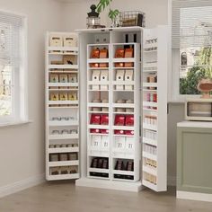 an organized pantry in the corner of a room