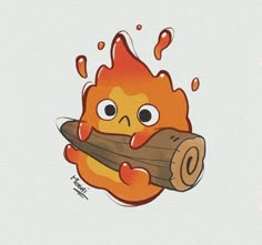 a cartoon character holding a piece of wood with fire on it's face and eyes