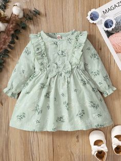 Mint Green Cute  Long Sleeve Cotton Floral A Line  Slight Stretch Spring/Summer Baby Clothing Baby Shoes Diy Pattern, Mint Green Fabric, Stylish Baby Girls, Baby Summer Dresses, Girls Dresses Diy