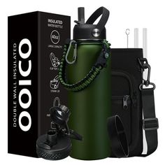 a green water bottle next to a black bag and an electronic device in front of it