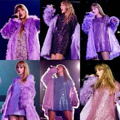 several pictures of taylor swift performing on stage in purple fur coats and sequins