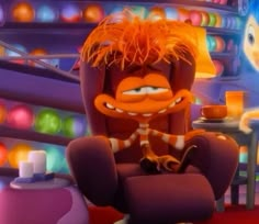 a cartoon character sitting in a chair with an orange hair on his head and eyes closed