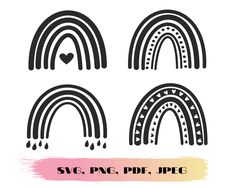 three rainbows with hearts on them and the words svg, png, dxf