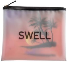 a small bag with the word swell printed on it and palm trees in the background