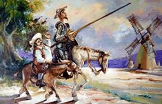 an oil painting of two men riding on horses in front of windmills and trees