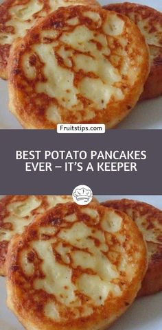 three different types of pizzas on a plate with the words best potato pancakes ever - it's a keeper