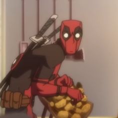 a deadpool character holding a bowl of potato chips