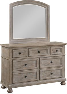 a dresser with a mirror on top and drawers below it, in front of a white background