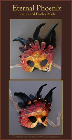 two masks with black feathers on them and one has red, orange and yellow flowers