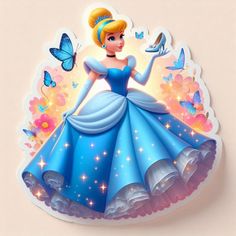 the princess is wearing a blue dress with butterflies around her neck and hand on her hip