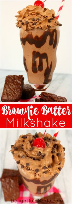 two chocolate brownie batterer milkshakes are shown in three different pictures, one with