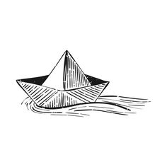 an origami boat floating on the water with its sails down and it is black and white