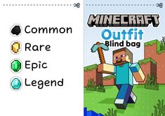 an image of a minecraft book cover with the words, common outfit, rare epic legend