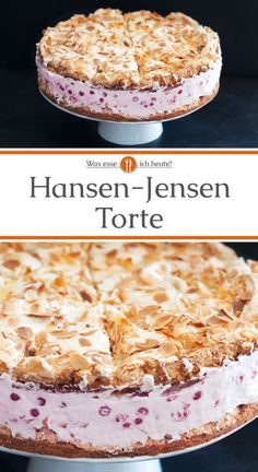 a close up of a cake on a plate with the words hansen - jensen torte