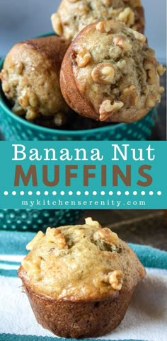 banana nut muffins in a blue bowl with the title above it and below