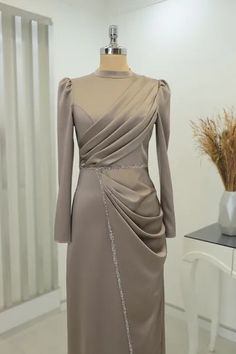 Elif Satin Hijab Evening Dress - Mink