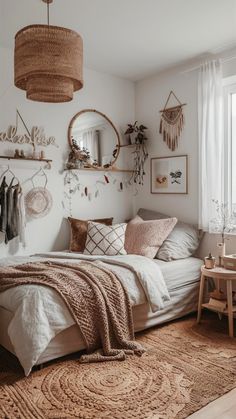 a bedroom with a bed, rugs and hanging baskets on the wall above it