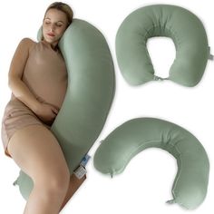 a woman laying on top of an inflatable pillow next to the back of her body