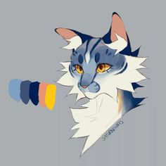 a drawing of a blue and white cat with an orange ball in it's mouth