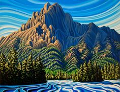 a painting of mountains and trees by the water