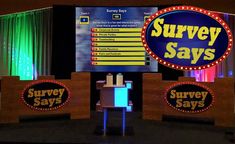 a man standing on top of a stage in front of a screen with the words survey says