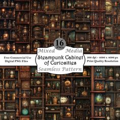 a large collection of different types of clocks and other items on shelves with the words, steampunk cabinet of curiosities seamless pattern