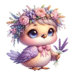 a cute little bird with flowers on its head and purple feathers, holding a flower