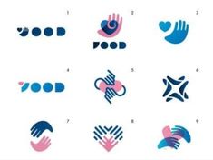 several different logos with hands and symbols on them, including one for the letter o