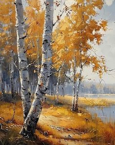 an oil painting of trees and water in the fall season with yellow leaves on them