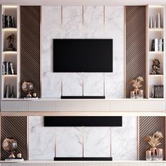 modern living room with white marble walls and black accents on the shelves, tv set and bookshelves