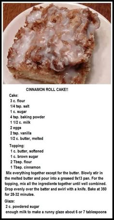 the recipe for cinnamon roll cake is shown