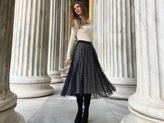 Elegant and classic tulle skirt with many ways to be styled. It's constructed from 2 layers of high-quality black tulle. The upper layer features black velvet dots. It has an off-white lining and a black elastic waistband. One of a kind - only a few pieces are available. ✦ Size: ONE SIZE This skirt is one size due to the super comfy high-quality elastic waistband. Fits the best for an S-L size person. ✦ Length (waistband included): 80cm (31.5 inches) It's me in all the pictures, and I'm 1.65 m ( Polka Dot Midi Skirt, Midi Skirt Black, Skirt Black And White, Black And White Skirt, Black Tulle, Skirt Midi, White Skirt, Black Dots, Black Polka Dot