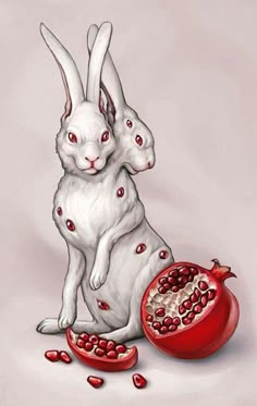 two white rabbits sitting next to a pomegranate