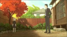 an anime scene with two people standing in front of a house and one is looking at another