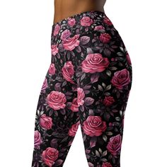 Pink Roses Floral High Waist Yoga Leggings Elevate your workout wardrobe with our Pink Roses patterned High Waist Yoga Leggings! Made with 4-way stretch fabric, these leggings offer optimal flexibility and support for all your yoga, gym, or casual activities. The smooth and comfortable fabric provides a luxurious feel against your skin, ensuring maximum comfort throughout your workout. The high waist design offers extra coverage and support, allowing you to move with confidence and ease. With a Casual Floral Print Yoga Bottoms, Casual Floral Print Yoga Activewear, Spring Floral Print Yoga Bottoms, Floral Pattern Leggings, Rose Leggings, High Waist, Legging Sport, Floral Leggings, Gym Leggings