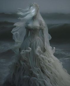 a woman in a white dress standing on top of a body of water with waves behind her