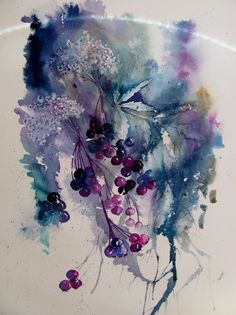 watercolor painting of berries and leaves on a white plate with blue, purple and green colors