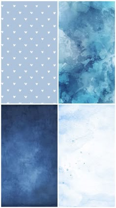 four different shades of blue and white with hearts on the top, bottom left corner