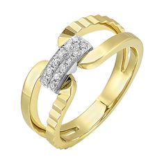 a yellow gold ring with two diamonds on the side and an open band around it