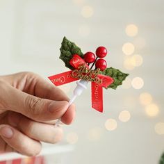 a person holding a candy cane with holly on it