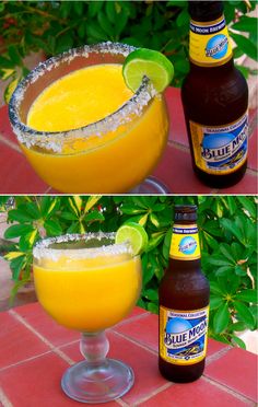 two shots of blue moon margaritas and a bottle of orange juice