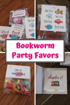 several pictures of different party favors in plastic bags with the words bookworm party favors on them