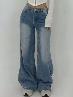 New Korean Style Fashion Washed Wide-Leg Jeans For Women, Autumn Blue Casual   Denim Plain Straight Leg Non-Stretch  Women Clothing, size features are:Bust: ,Length: ,Sleeve Length: Korean Jeans, Casual Denim Jeans, Jeans Petite, Jean Large, Jeans Fashion, Jeans Casual, Denim Patchwork, Straight Leg Denim, Women Denim Jeans