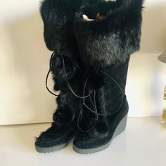 Barely Worn Lace-Up Boots With Fur Pom-Pom Ties. Coach Leather Lace-up Boots, Coach Lace-up Leather Boots, Fur Boots Heels, Pom Pom Boots, Shoe References, Fur Clothes, Fun Beauty Products, Trashy Outfits, Boots With Fur