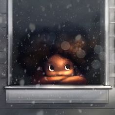 a cartoon character looking out the window in the snow