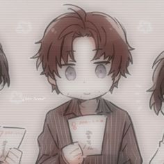 three anime characters with brown hair and black eyes, one holding a piece of paper