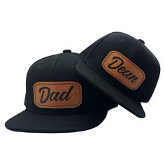 "These custom name hats are the coolest accessories for Father's/Mother's and Sons/Daughters! Featuring a vintage font, the personalized name is added onto a vegan leather patch in your choice of color.  ** Our hats are custom, made to order. Please make sure the name is spelled correctly and written exactly how you want it displayed on the hat. We do not accept returns on personalized orders. ** SIZING: - Infant cap measures approximately 48cm in circumference (0-3 years old) - Child cap measur Customizable Baseball Cap With Curved Brim, Letter Print Hat For Father's Day Gift, Personalized Casual Outdoor Hats, Custom Adjustable Baseball Cap, Custom Adjustable Snapback Baseball Cap, Father's Day Gift Hats With Letter Print, Custom Adjustable Snapback Hat With Curved Brim, Adjustable Flat Brim Hat With Letter Print, Personalized Hats For Father's Day